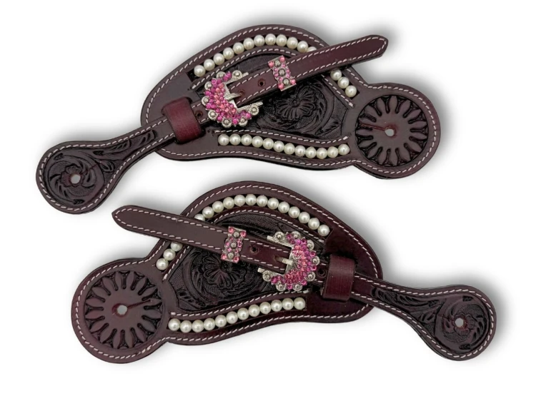 Paski do ostróg westernowych Burgundy-Pink z koralikami i kryształkami.jpg