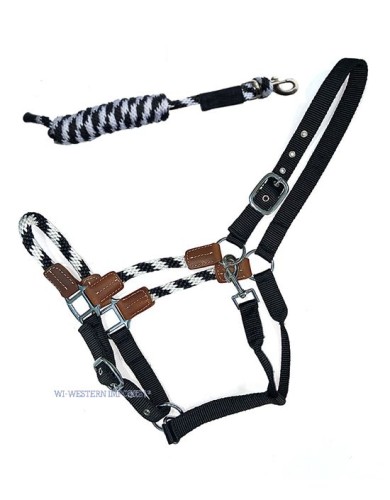 Kantar nylonowo-sznurkowy Hybrid Rope Halter Black-White z uwiązem 3m.jpg